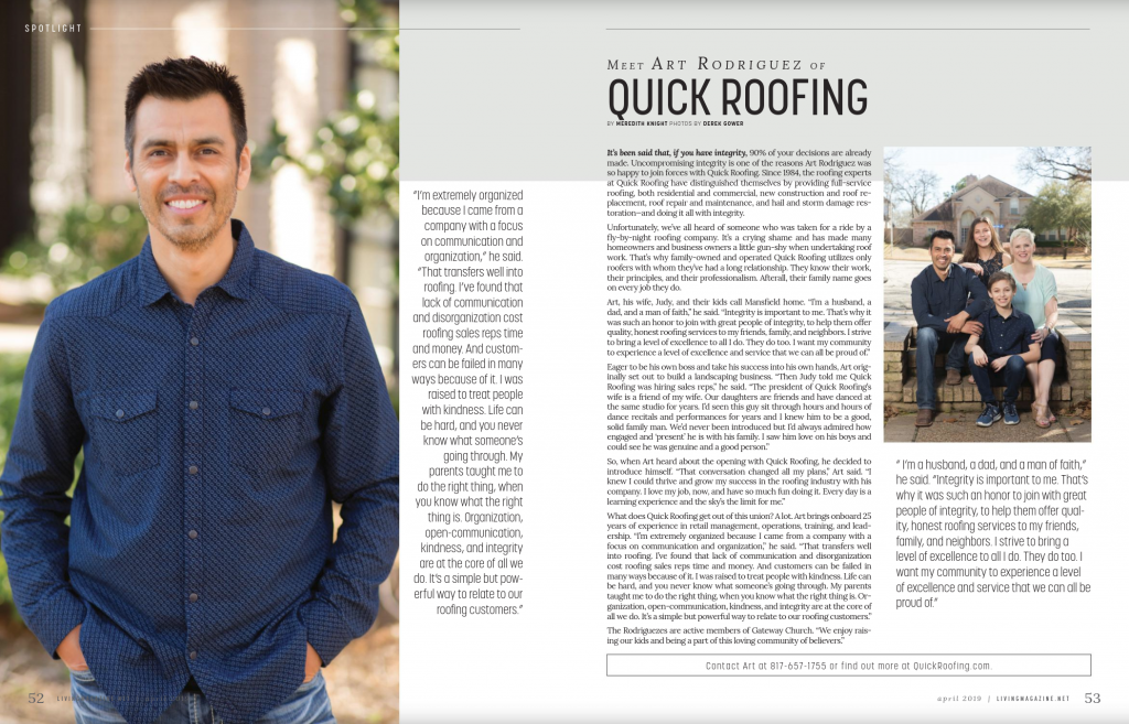 Quick Roofing’s Art Rodriguez is featured in an article of Living
