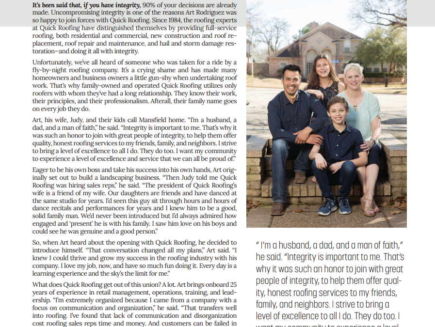 Quick Roofing’s Art Rodriguez is featured in an article of Living Magazine